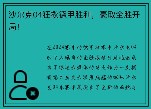 沙尔克04狂揽德甲胜利，豪取全胜开局！