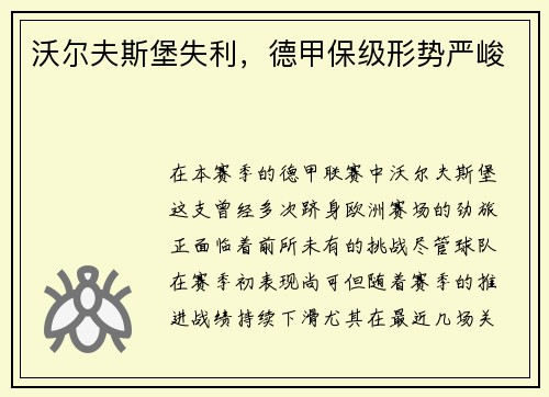 沃尔夫斯堡失利，德甲保级形势严峻